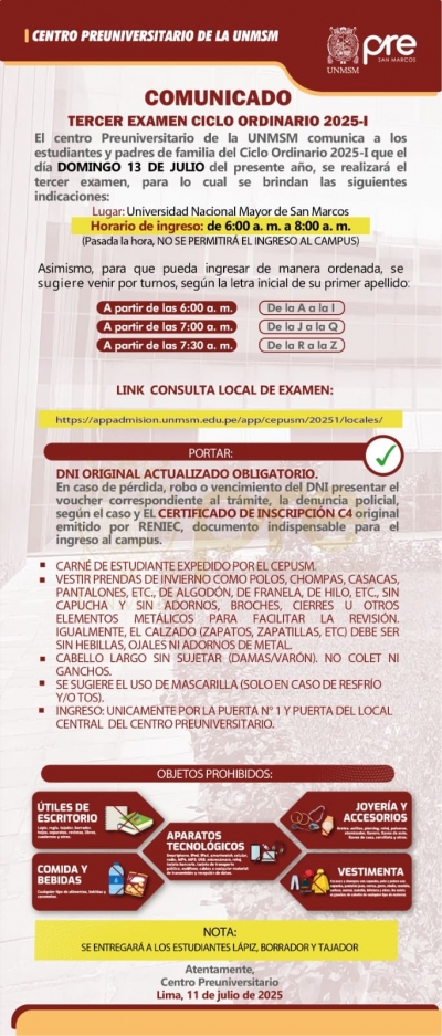 TERCER EXAMEN CICLO ORDINARIO 2025-I - LUGAR, HORARIO DE INGRESO, INDICACIONES
