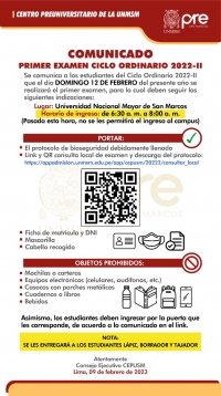 PRIMER EXAMEN CICLO ORDINARIO 2022-II - LUGAR, HORARIO DE INGRESO, INDICACIONES