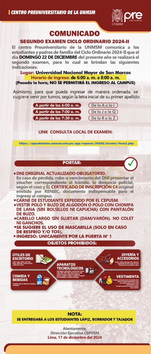 SEGUNDO EXAMEN CICLO ORDINARIO 2024-II - LUGAR, HORARIO DE INGRESO, INDICACIONES