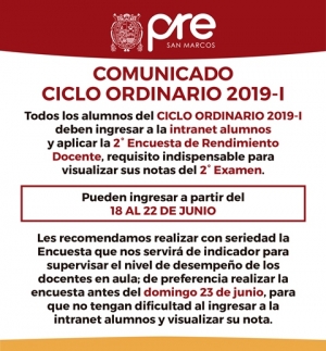 SEGUNDA ENCUESTA DE RENDIMIENTO DOCENTE - CICLO ORDINARIO 2019-I