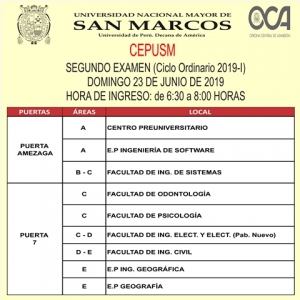 SEGUNDO EXAMEN CICLO ORDINARIO 2019-I - TEMARIO, HORA DE INGRESO, PUERTAS DE INGRESO Y LOCALES