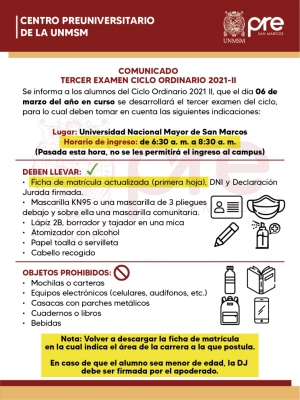 TERCER EXAMEN CICLO ORDINARIO 2021-II - LUGAR, HORARIO DE INGRESO, INDICACIONES