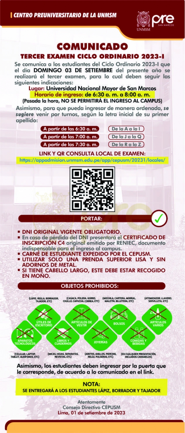 TERCER EXAMEN CICLO ORDINARIO 2023-I - LUGAR, HORARIO DE INGRESO, INDICACIONES
