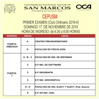 PRIMER EXAMEN CICLO ORDINARIO 2019-II - TEMARIO, PUERTAS DE INGRESO Y LOCALES