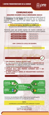 SEGUNDO EXAMEN CICLO ORDINARIO 2023-II - LUGAR, HORARIO DE INGRESO, INDICACIONES