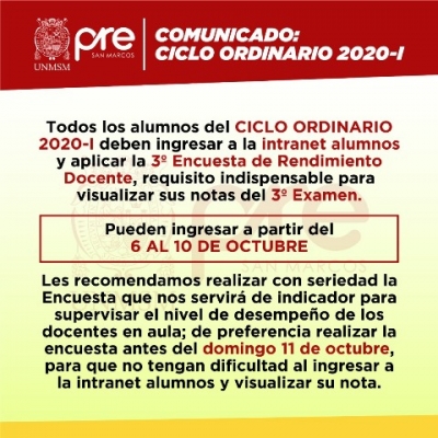 CICLO ORDINARIO 2020-I - TERCERA ENCUESTA DE RENDIMIENTO DOCENTE