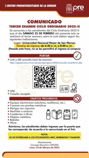 TERCER EXAMEN CICLO ORDINARIO 2022-II - LUGAR, HORARIO DE INGRESO, INDICACIONES