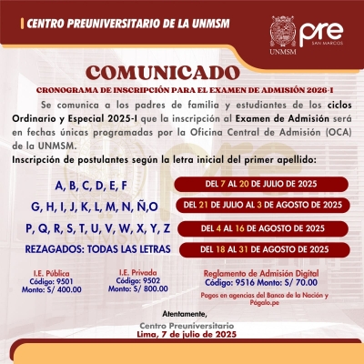 CRONOGRAMA DE INSCRIPCIÓN PARA EL EXAMEN DE ADMISIÓN 2026-I