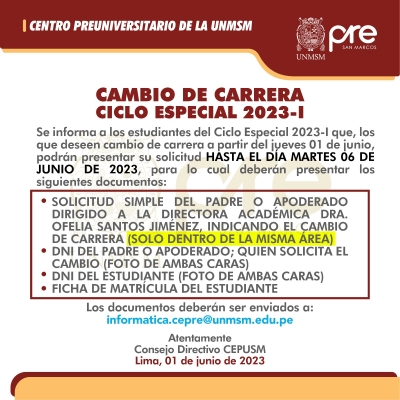 CAMBIO DE CARRERA CICLO ESPECIAL 2023-I