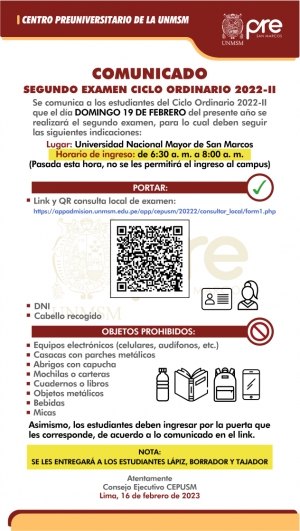 SEGUNDO EXAMEN CICLO ORDINARIO 2022-II - LUGAR, HORARIO DE INGRESO, INDICACIONES