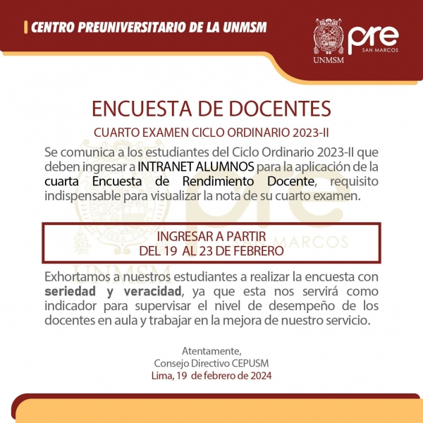 CICLO ORDINARIO 2023-II - CUARTA ENCUESTA DOCENTE