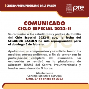 COMUNICADO - REPROGRAMACION SEGUNDO EXAMEN CICLO ESPECIAL 2022-II