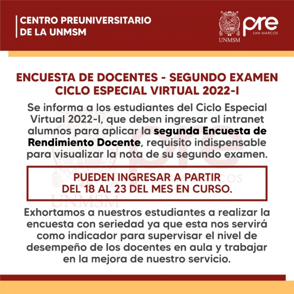 CICLO ESPECIAL 2022-I - SEGUNDA ENCUESTA DOCENTE