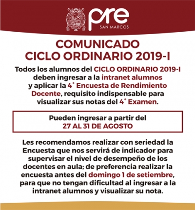 CUARTA ENCUESTA DE RENDIMIENTO DOCENTE - CICLO ORDINARIO 2019-I