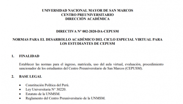 NORMAS PARA EL DESARROLLO ACADÉMICO DEL CICLO ESPECIAL VIRTUAL