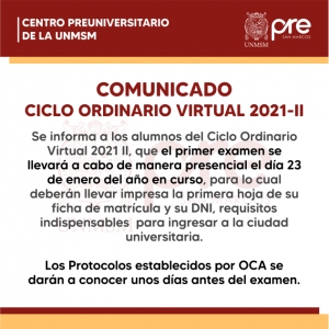 COMUNICADO - PRIMER EXAMEN CICLO ORDINARIO 2021-II